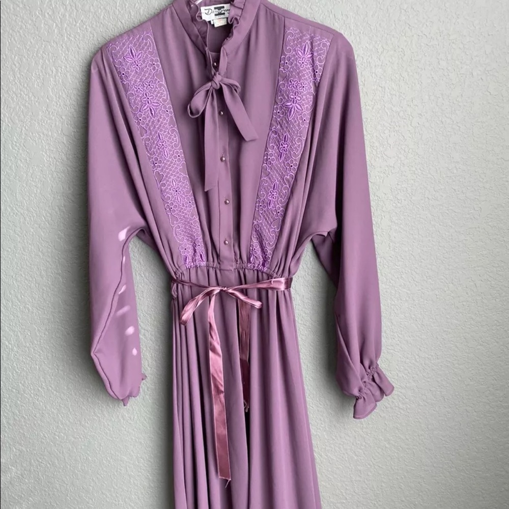 Vtg 70s tie neck prairie secretary midi dress